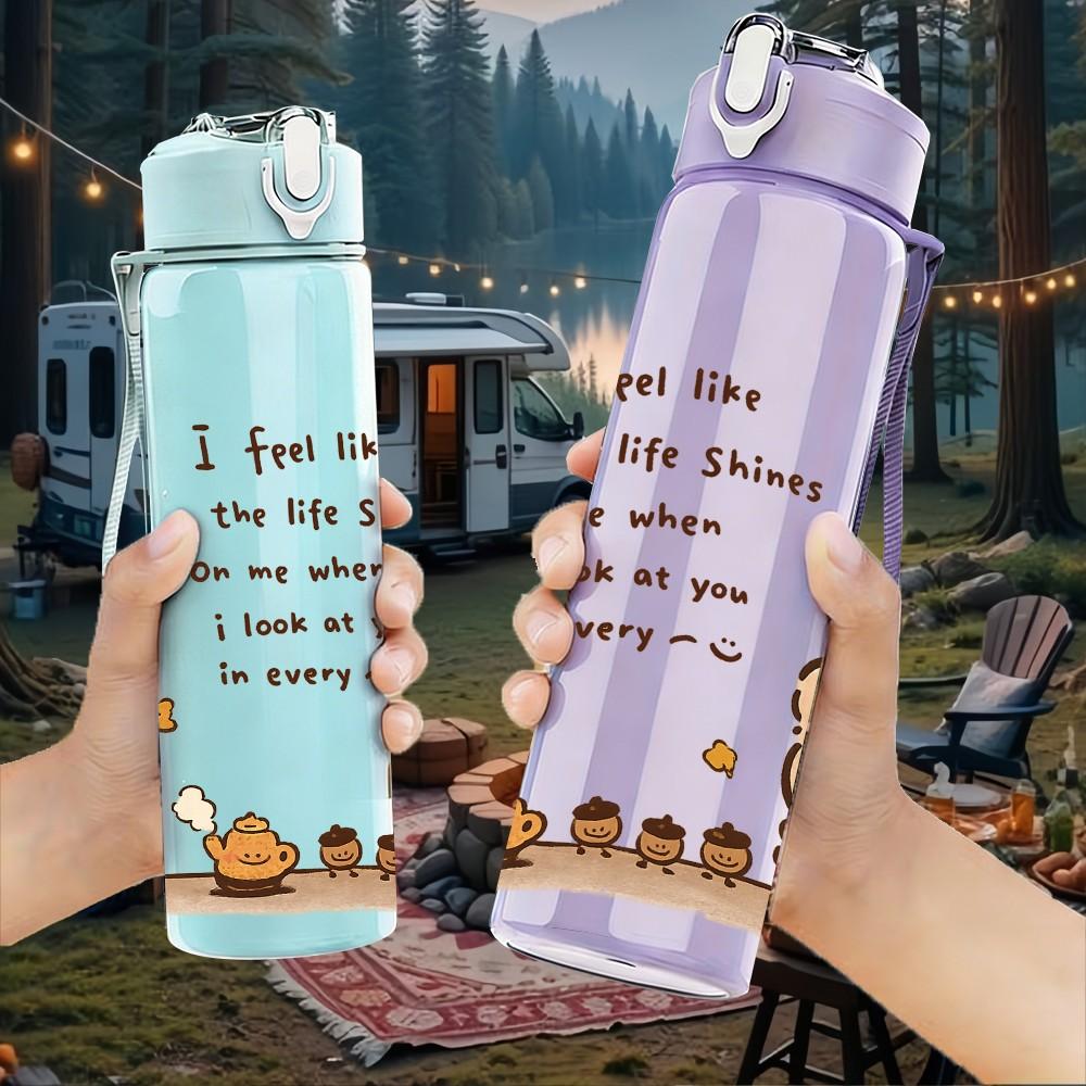 1PC Bear Bread Quote Cute Print 750ml Color Plastic Sports Water Bottle Leakproof Flip Straw Lid Suitable for Sports Office Home Use