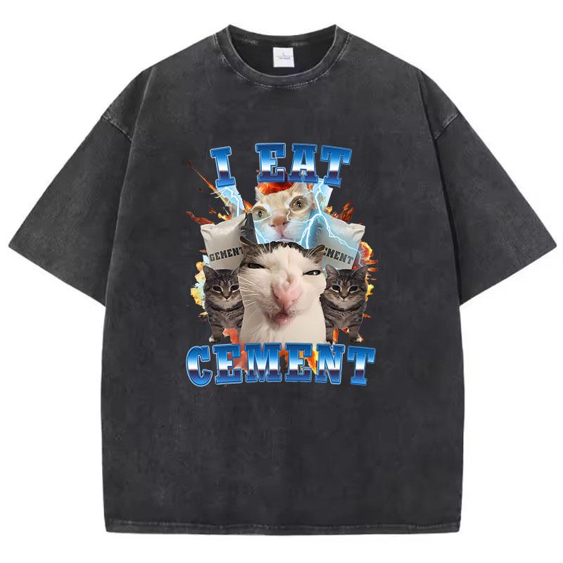 T-Shirt Vintage Gewaschenes Baumwoll-T-Shirt Ich Esse Zement Milch Katze Tier Grafik-T-Shirt Lässige Streetwear Frühling Sommer Herbst