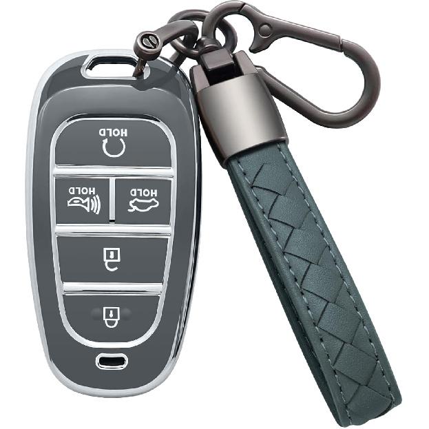 for Hyundai Key Fob Cover with Leather Keychain Soft TPU Full Protection Key Case Shell Holder Compatible with 2024 2023 2022 2021 Sonata Santa fe