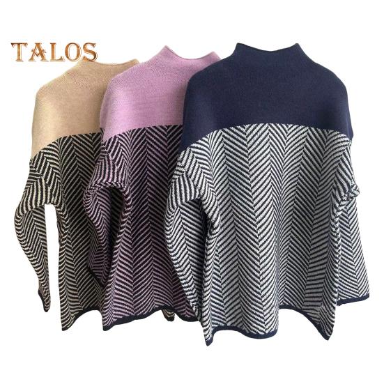 Women Sweater Half High Collar Long Sleeve Color-Blocked Loose Fit Knitting Top Autumn Winter Thick Warm Pullover Tops