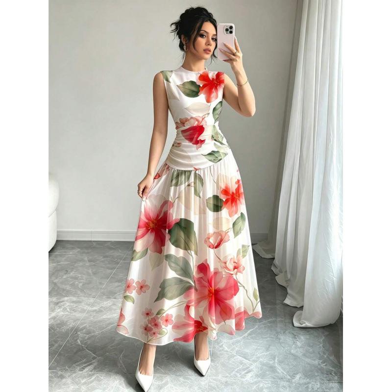 European and American summer printing V-neck sleeveless fashion pleated vacation elegant chiffon long dress XS