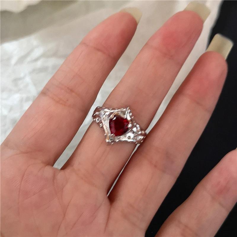 Goth Punk Retro Red Crystal Love Heart Cross Geometry Irregular Open Ring Set Y2K Halloween Accessories For Women  Jewelry
