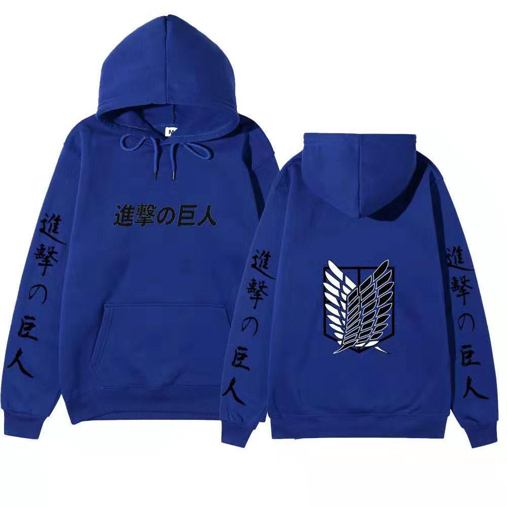 Attack on Titan Unisex Fleece Hoodie Front Japanese Text, Back Wings of Freedom Logo Autumn Winter Casual Pullover