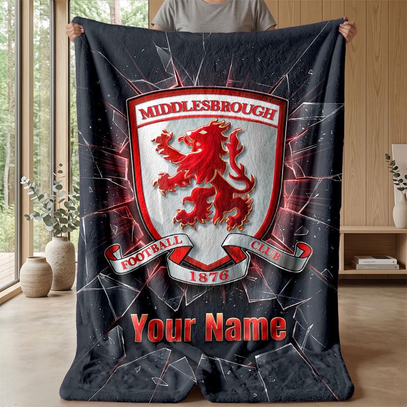 Middlesbrough FC Custom Name Text Flannel Blanket Soccer Logo Personalized Fleece Throw Blanket Special Gift For Sofa Bedroom Home