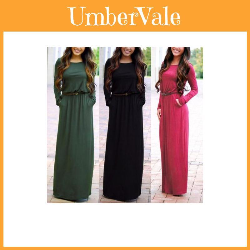 Fashion Casual Women Long Sleeve Belted Party Evening Cocktail Long Dress Maxi