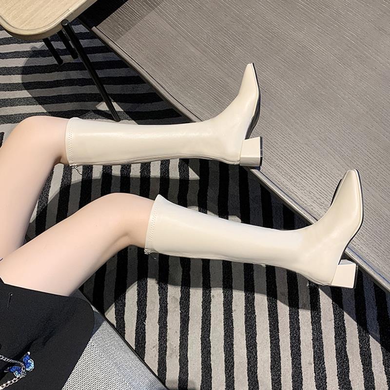 White tall tube square head but high heels knee thick heel  boots small boots season boots women