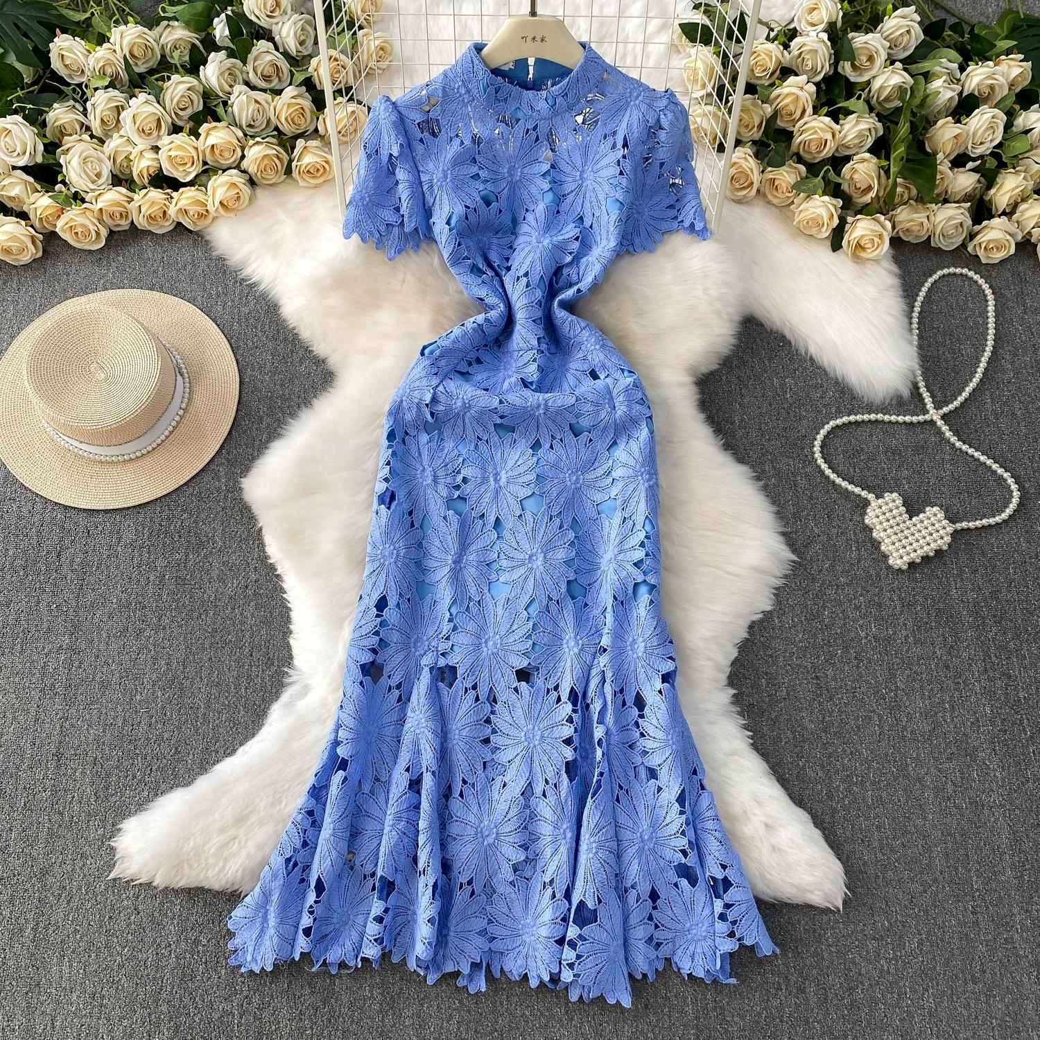 

Літні Жіночі Елегантні Розкішні Вишивка Квіти Мереживо Слім Бодікон Довгі Максі Вечірні Сукні Рибка для Дівчини Випускний XXL синій