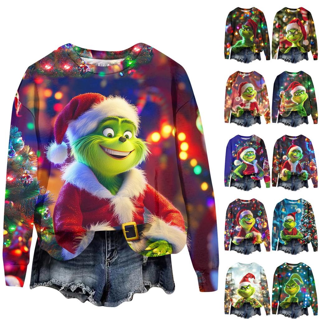 Ladies' Christmas Greentown Print Casual Long Sleeved Round Neck Sports Hoodie Top