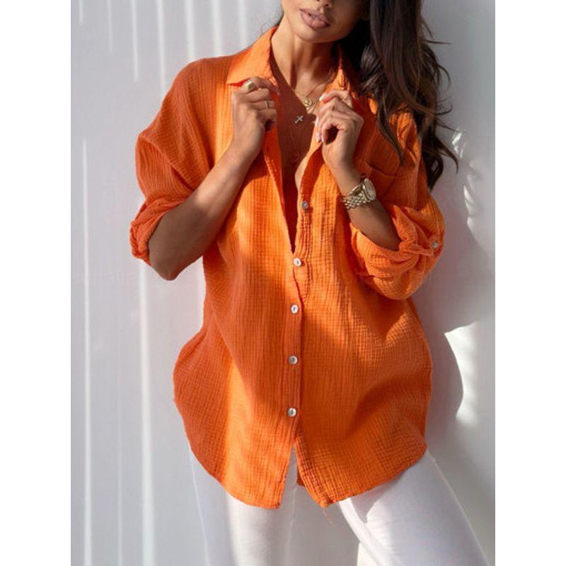 

Collar Long Sleeved Shirt Fashion 2024 New Arrival Women s Loose Long Sleeves Rolled Sleeves Lapel Shirt Orange XXL