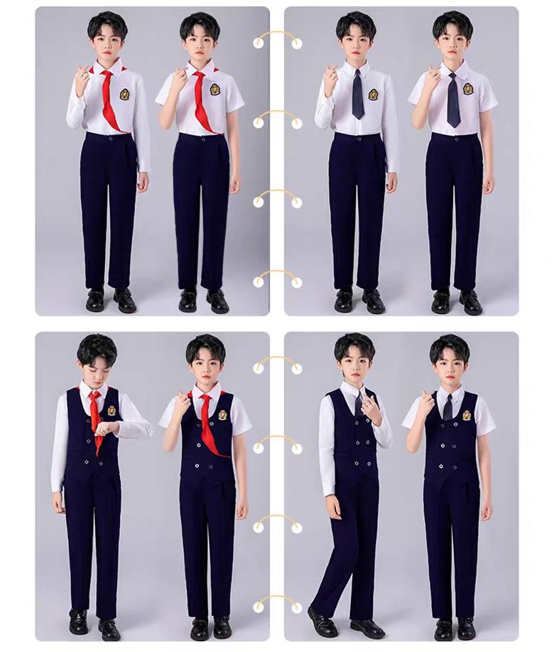 Children's Patriotic Choir Costumes - Boys & Girls Blue Outfits with Red Scarf for Recitation Competitions