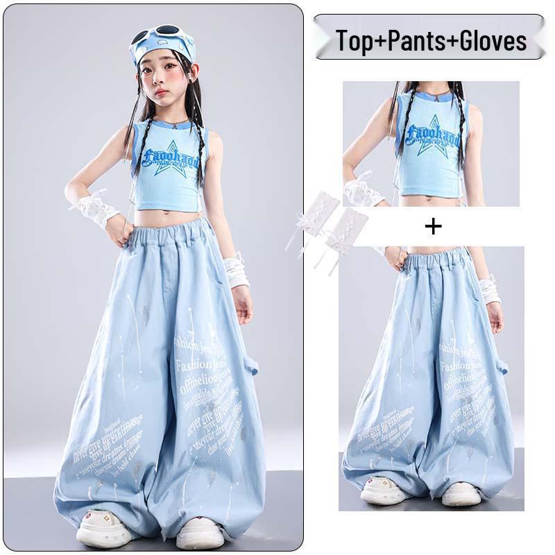 Trendy Blue Jazz Dance Costumes for Girls - Fashionable Performance Outfits for Children's Fashion Shows