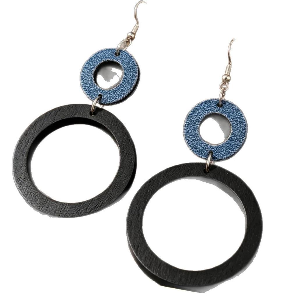 Women's European Style Patchwork Denim & Hollow Wood Round Dangle Hoop Earrings