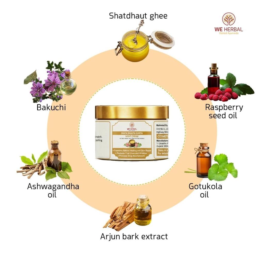 Crema Facial Shata Dhauta Ghrita de We Herbal 50g para Mujeres y Hombres, Crema Facial Antienvejecimiento para Curación de la Piel, Reafirmante, Brillo Iluminador y Tono Uniforme, Profundo