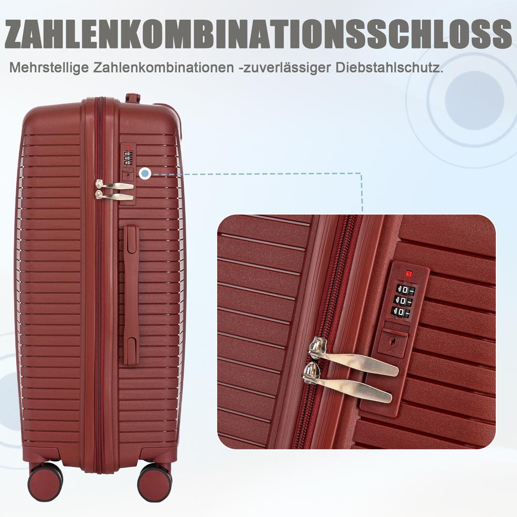 20"/24"/28" 3-Piece PP Spinner Luggage Set – Sizes with Side Handles, Hanging Hooks & Protective Feet – Integrated Combination Lock (Red)