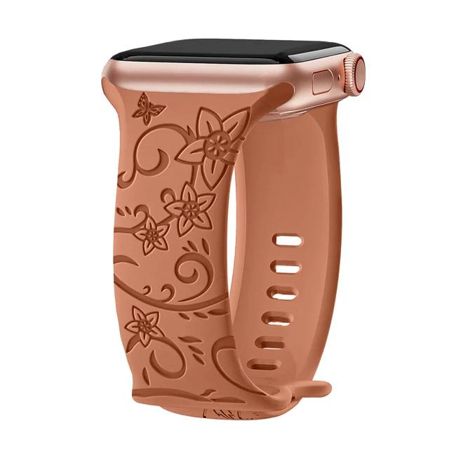 Floral Engraved Strap For Apple Watch Band 40mm 44mm 41mm 49mm 45mm 38mm 42mm Silicone Bracelet Iwatch Series 9 7 Se 6 8 Ultra 2