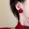 2023 Retro Red Flock Rose Stud Earrings – Elegant Autumn/Winter Flower Accessories for Women