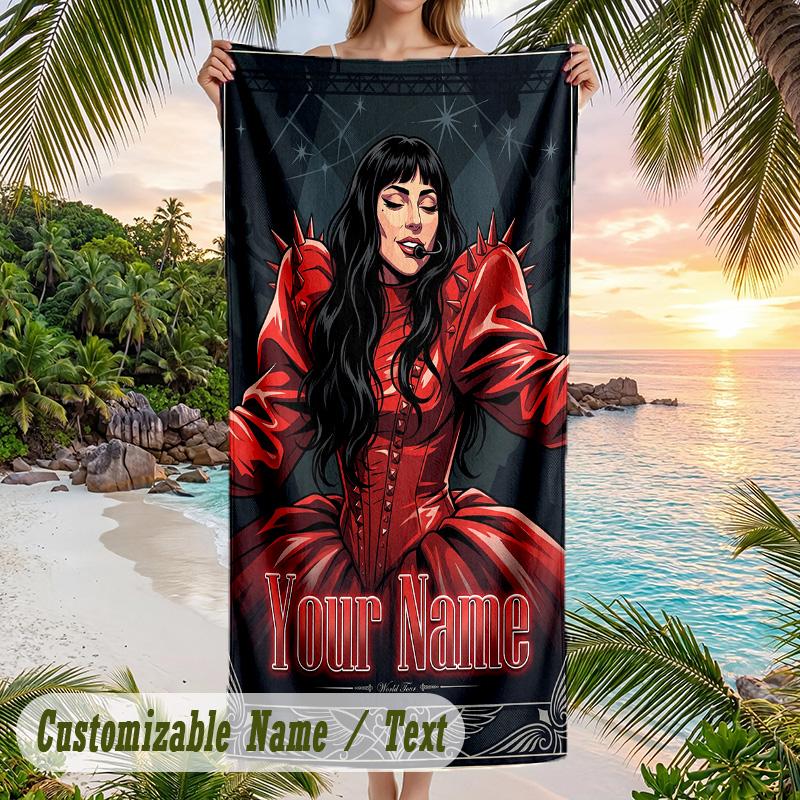 Lady Gaga Beach Towel, Personalized Custom Name Text, Quick Dry Large Absorbent Towel For Beach Pool