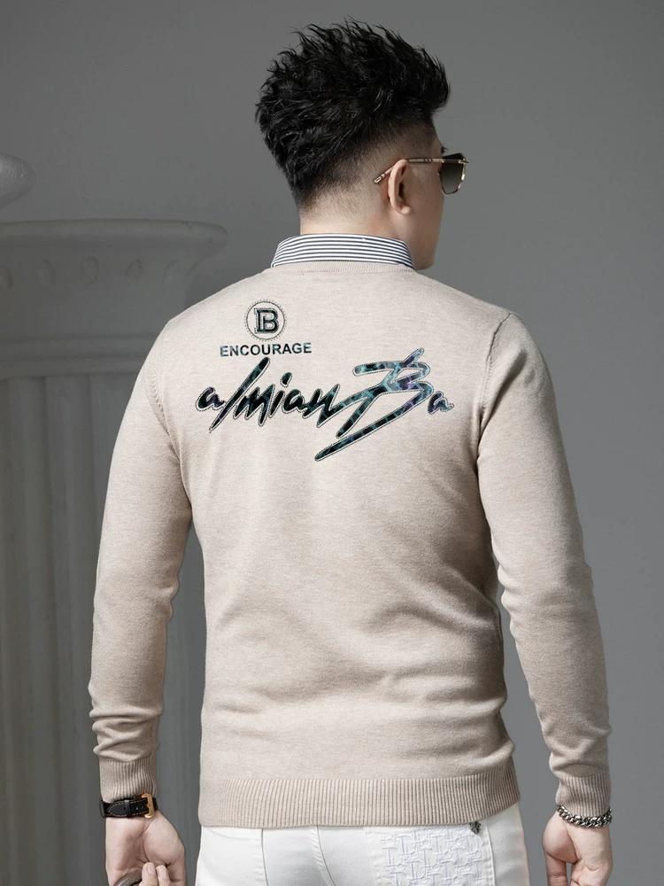 European Style Fake Two-Piece Sweater for Men, New Autumn and Winter V-Neck Knitwear, Trendy Rhinestone Pullover Base Shirt 2XL чёрный