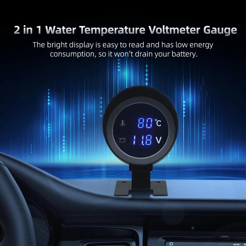2 In 1 Round LED Digital Water Temp Gauge Voltmeter Volt Voltage Meter Temperatura Moto For 12V24V Car Truck Temperature Sensor Coolant Temperature 4
