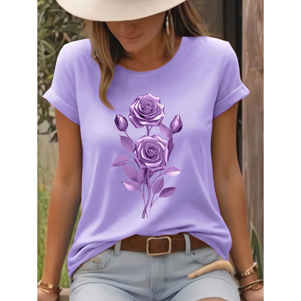 Fashion Women Rose Printed T-Shirt O-Neck Short Sleeve T-Shirt Simple Design Versatile Daily Wear Elegant Style Women Clothing