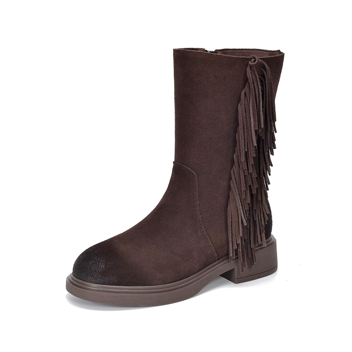 

Johnature Retro Tassel Mid Heeled Women s Boots Genuine Leather Round Toe Versatile Mid-calf Boots 40 кофейный