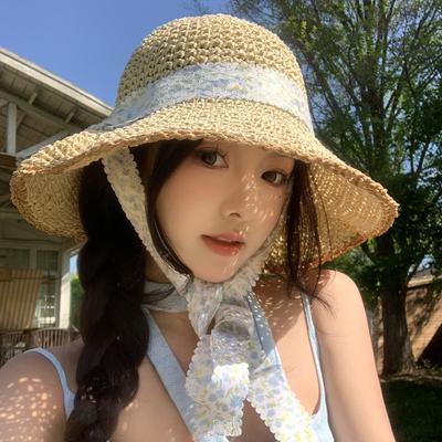 Lace Tie Bow Straw Sun Hat Hollow Packable Wide Brim Summer Beach Sun Protection Breathable Sun Hats Travel for Women