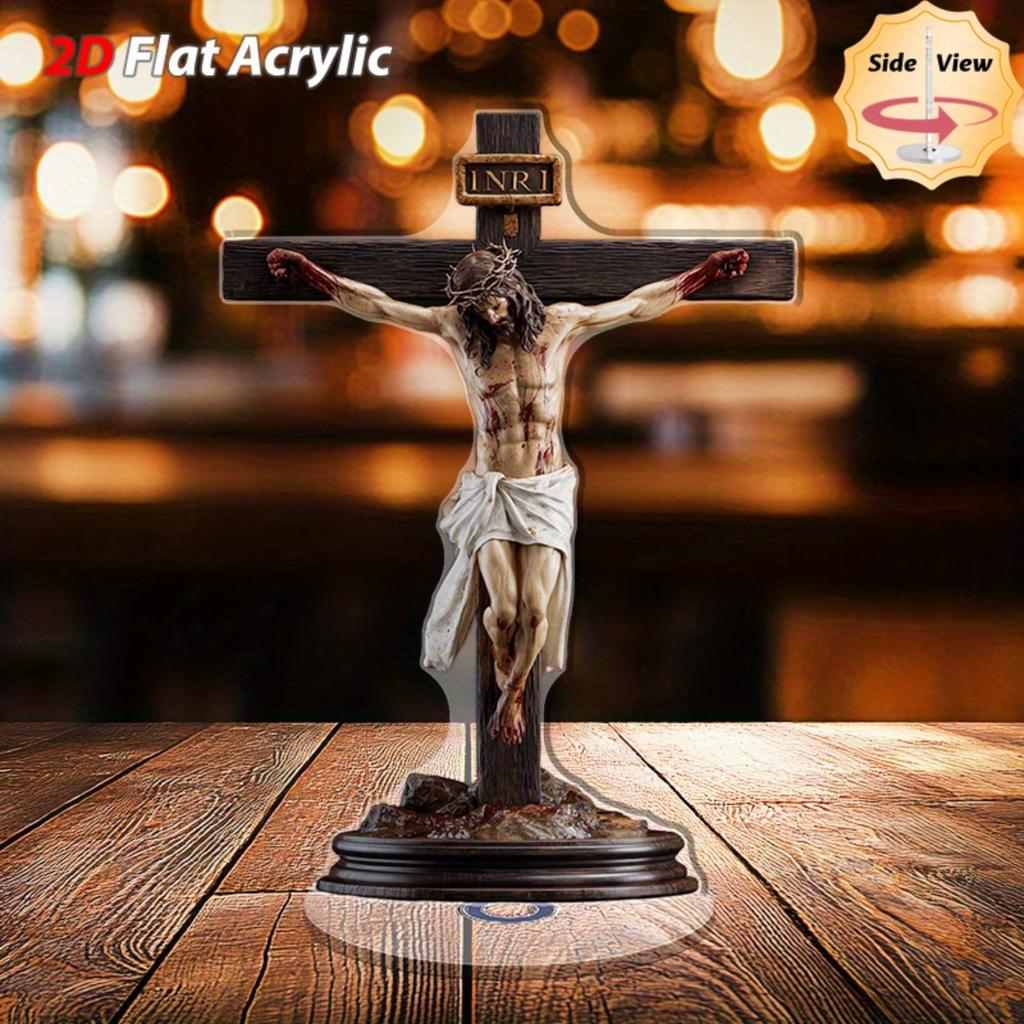 2D Flat Christian Jesus Cross Tabletop Decor,Religious Acrylic Ornament for Church Home Office,Creates Tranquil Atmosphere for Meditation Prayer Room