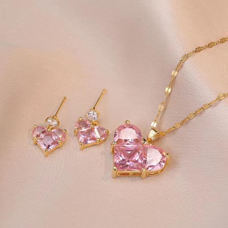 Premium Zirconia Heart Flower Earrings Necklace Offering Exquisite Craftsmanship and Gold/Steel Plating For Comfort