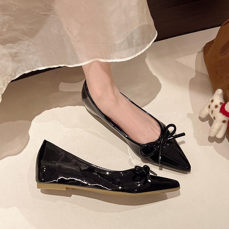 Nude pointed single shoes women's new small inner height increase flats versatile bow evening shoes