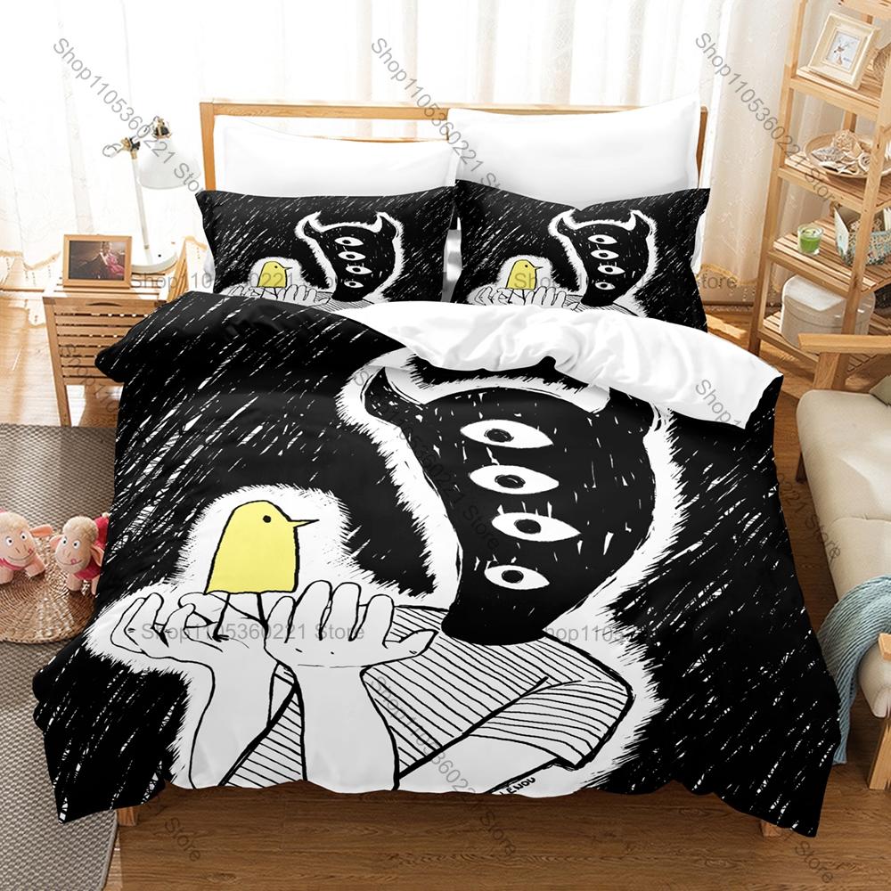 Oyasumi Punpun Fan Merch Duvet Cover + 2 Pillowcases, Exquisite Comic Art Print Bedding Set Comfortable Textile for Manga Lovers