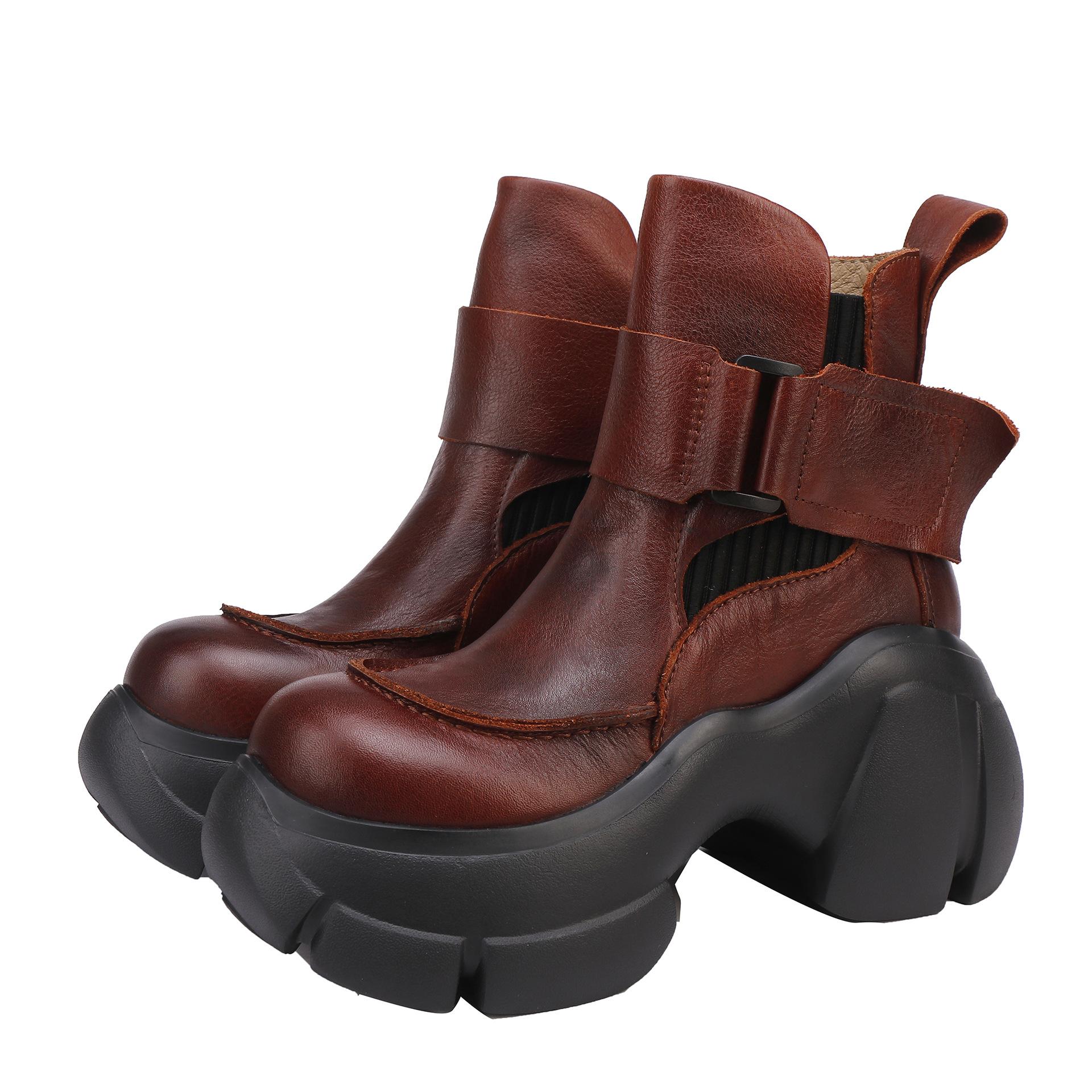 

Johnature Сапоги из натуральной кожи на толстой подошве и высоком каблуке, Ретро женские короткие сапоги-рыцари 40 коричневый