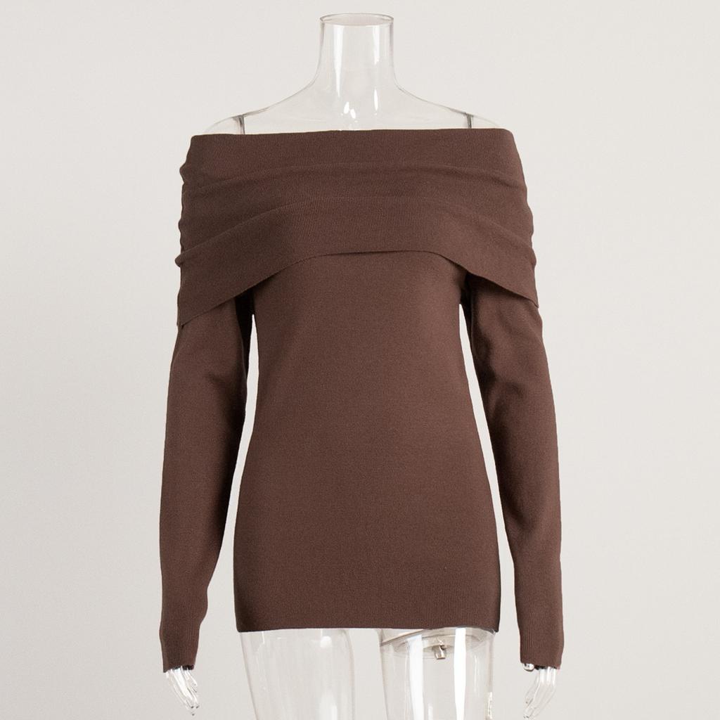 Spring Autumn Women's Sexy Off-shoulder Knitted Sweater Slim Stretch Long-sleeved Pullover Knitted Sweater