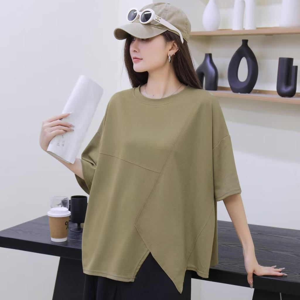 Dimanaf 2025 Sommer Übergröße T-Shirt Einfarbig Damen Kurzarm Lange Knöpfe Locker Oberteile Tees
