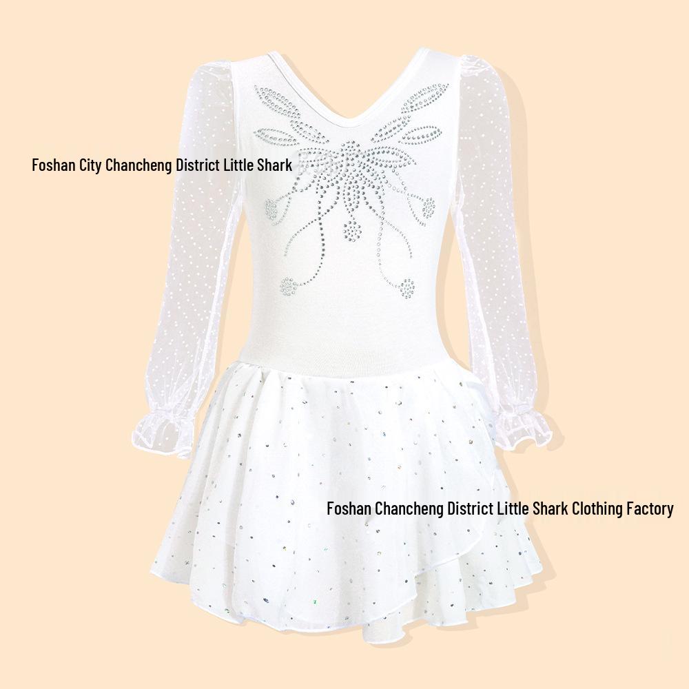 Girls' Shiny Ballet Skirt Dress with Cross Back and Mesh Sleeves