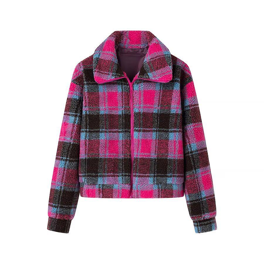 

Женская зимняя клетчатая куртка на молнии 2024 - Европейский и американский стиль, Длинный рукав, Универсальная Medium красный