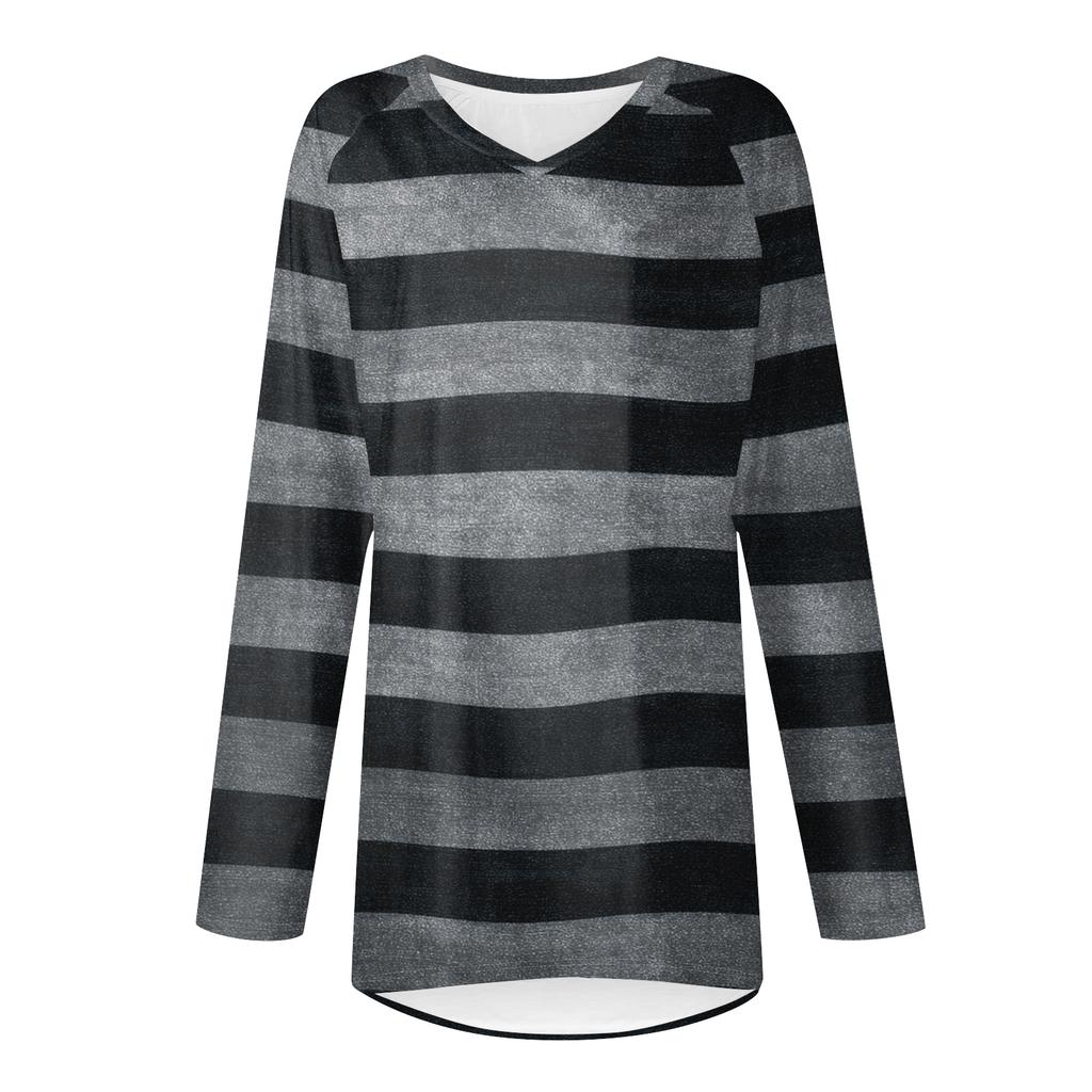 Women's Fashionable Casual Long-Sleeved Striped Print V-Neck Mid-Length Top
