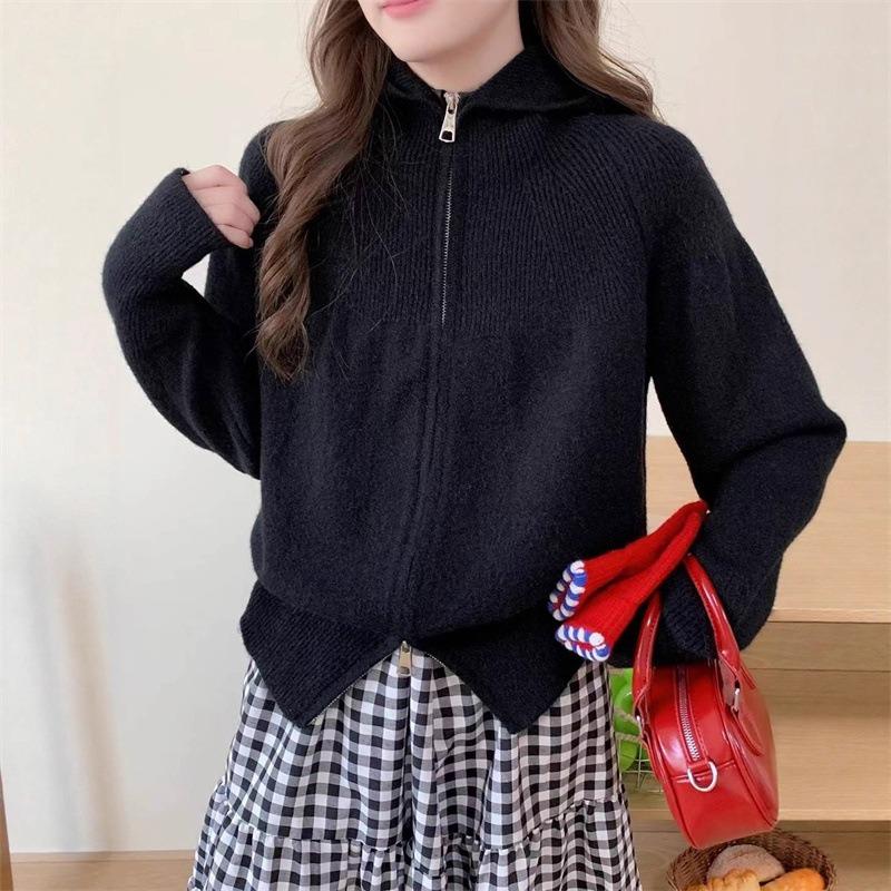 

Женская вязаная куртка-свитер с капюшоном на двойной молнии, новинка осени и зимы, свободный крой, тонкая, в стиле ретро, повседневный, универсальный топ average size чёрный