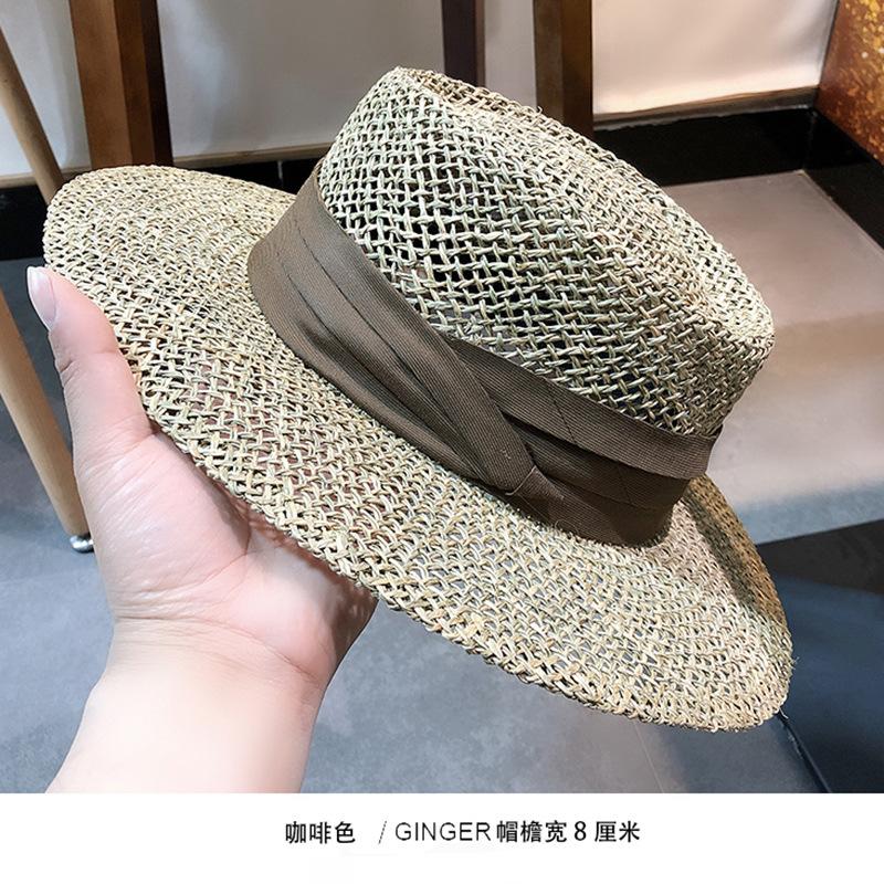 2025Women's Summer Straw Hat - British-style Flat Top Raffia Sun Hat with Openwork Design for Beach & UV Protection