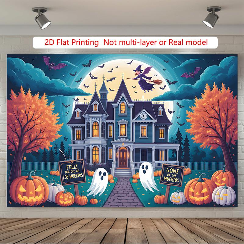 Party Backdrop Halloween Orange Moon Flat Haunted Mansion Pumpkins Ghosts Witches Celebration Photo Booth Party Decor