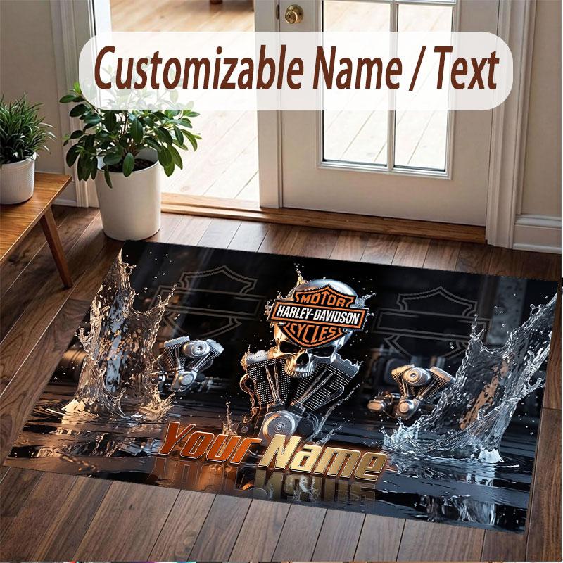 Custom Rug Harley-Davidson Pattern Print Name Text Soft Non‑Slip Floor Carpet for Home Indoor Decoration