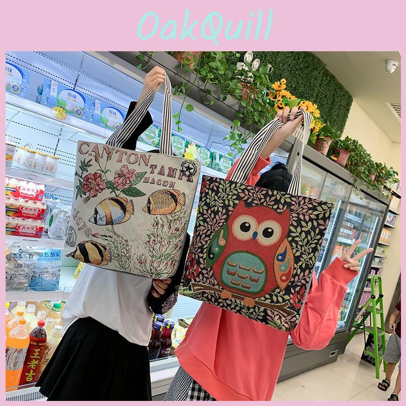 Fashion Owl Canvas Tote Bag With Embroidery And Large Capacity For Daily Use