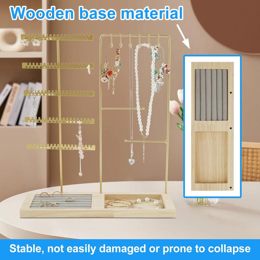 5-Tiers Earring Display Holder Stand Metal Necklace Bracelet Anklet Stud Earring Jewelry Storage Organizer Wooden Base Stand