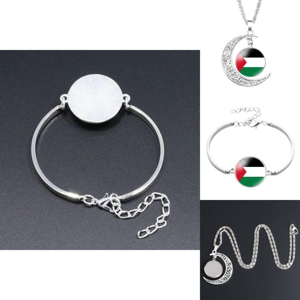 Palestinian Flag Design Time Gem Moon Pendant Necklace Unique Neck Chain