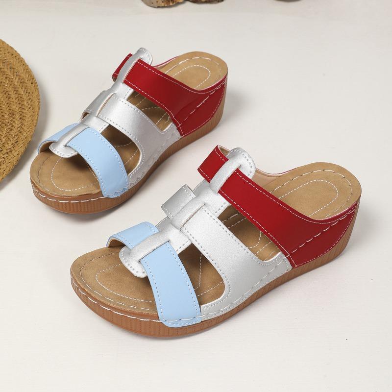 Spring and summer color matching casual hollow thick-soled muffin cool slippers women wear one-character slippers large-size sandals