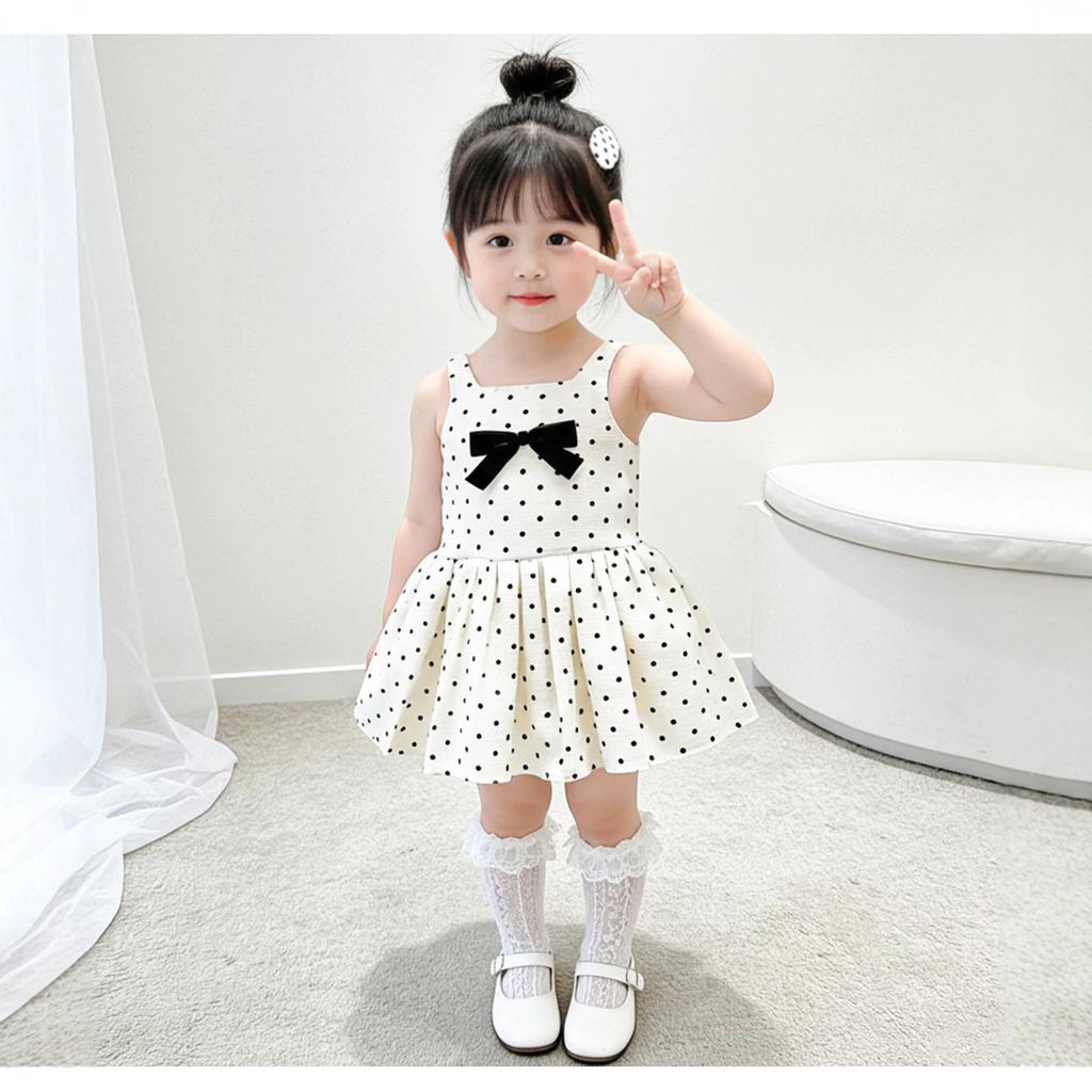 Mädchen Sommer gepunktetes Kleid mit Schleife Süßes ärmelloses Westenkleid Kinder Geburtstagsparty Formelles Kleid für Kleinkind Baby