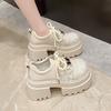 2025 New Leather Sequined Cloth Thick Sole Thick Heel Lace-up Low-top Shoes Single Shoes Round Head Loafers Women's Shoes