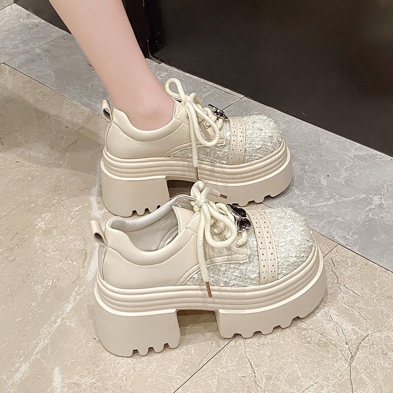 European 2025 new leather sequined cloth thick sole thick heel lace-up low-top shoes single shoes round head loafers women's shoes