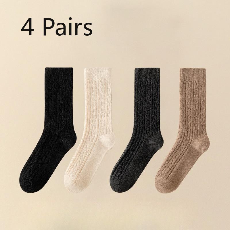 4 Pairs Autumn and Winter Socks, Women's Mid-calf Socks, Wool Imitation, Fleece, Thickened, Warm Solid Color, Retro Pile Socks, Postpartum Socks