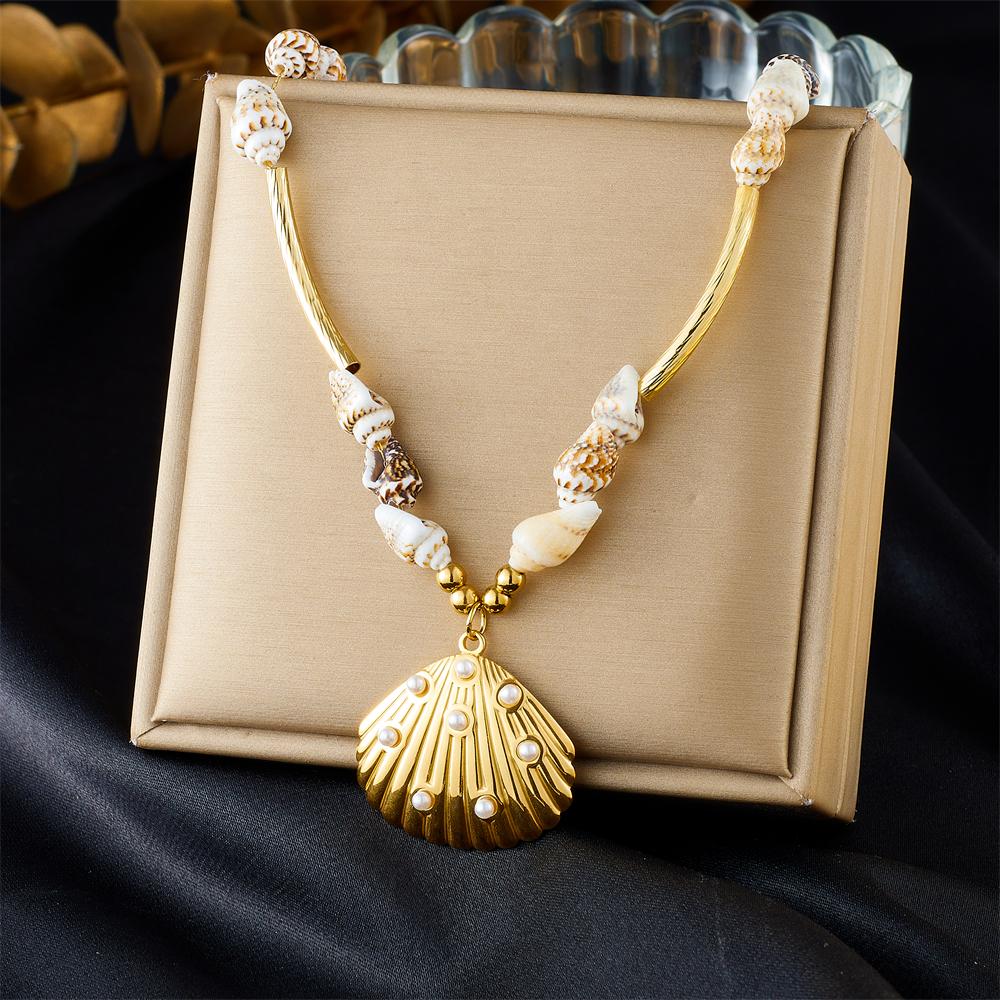 DIEYURO 316L Stainless Steell Conch Pearl Inlaid With Golden Scallop Pendant Necklace For Women Neck Chain Jewelry Holiday Gift