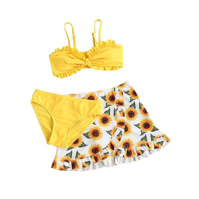 2025 Girls' Solid Color Flounce Three-Piece Swimsuit with Mesh Skirt